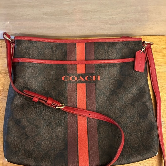 Coach Signature Coated Canvas Dark Brown and Red Crossbody Bag - Picture 3 of 16
